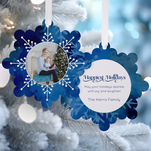 Festive Snowflakes on Deep Blue Sky Photo Ornament Card