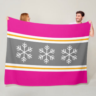 Festive Snowflakes Pink Gray Yellow White Stripes Fleece Blanket