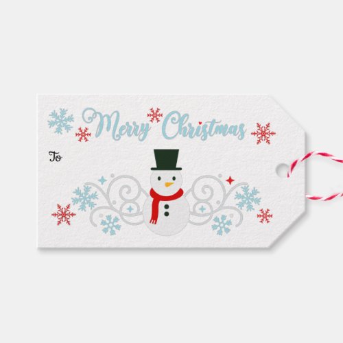 Festive Snowman And Blue Snowflakes Gift Tags