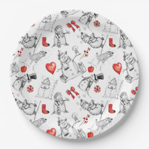 Festive snowman and holiday icons pattern paper plates
