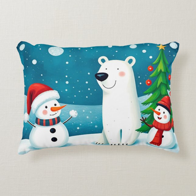 Festive Snowman and Polar Bear Celebrating Winter Accent Pillow (Front)