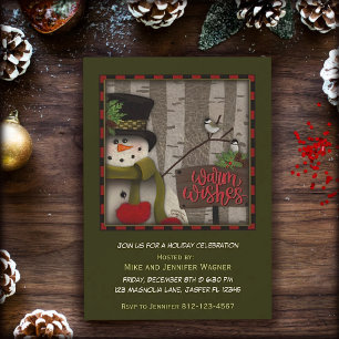Festive Snowman Birds Birch Tree Red Green Holiday Invitation