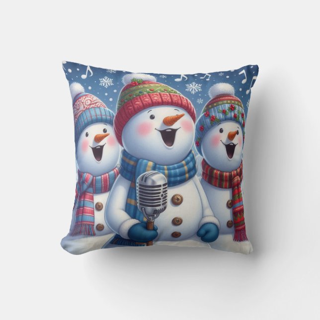 Festive Snowman Carolers Singing Christmas Throw Pillow (Front)