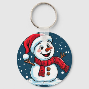 Festive Snowman Cartoon with Santa Hat Keychain