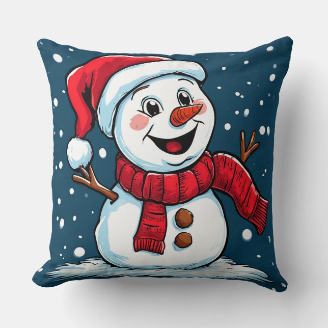 Festive Snowman Cartoon with Santa Hat Throw Pillow (Front)