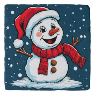Festive Snowman Cartoon with Santa Hat Trivet