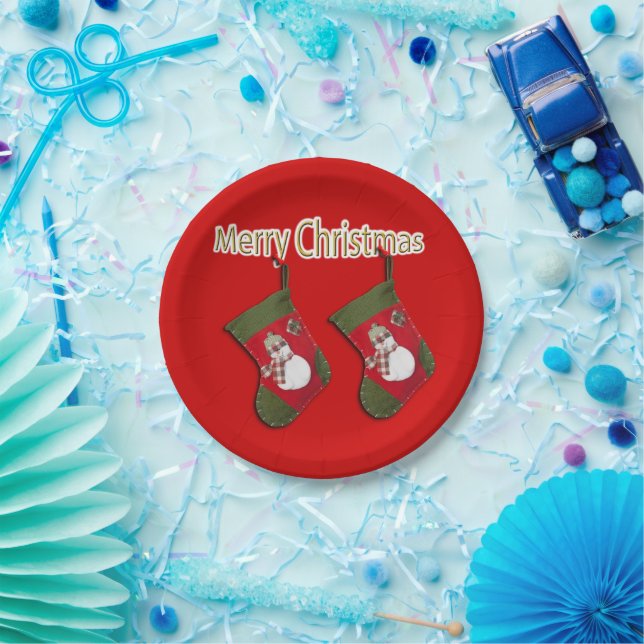 Festive Snowman Christmas Stockings Red Paper Plates (Party)