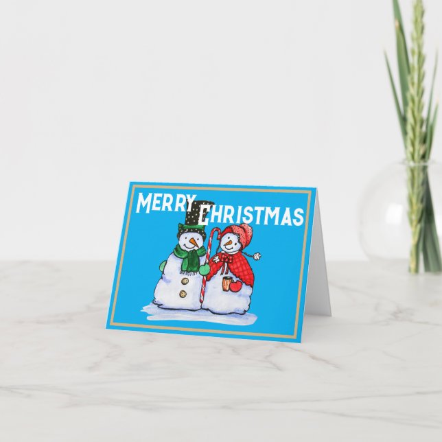  Festive snowman couple with candy cane Holiday Card (Front)