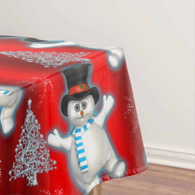 Festive Snowman Dancing in Snow Red Christmas Tablecloth (In Situ)