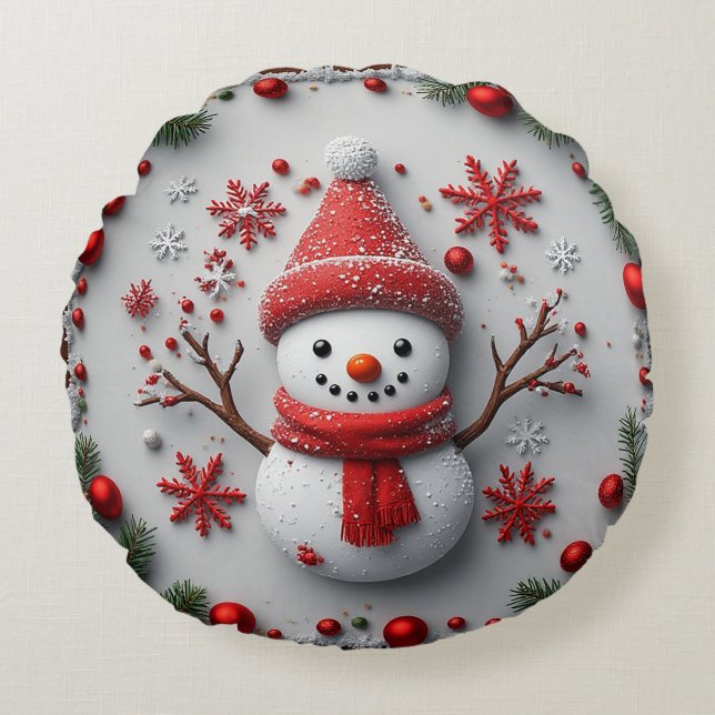 Festive Snowman Design with Christmas Decorations Round Pillow (Front)