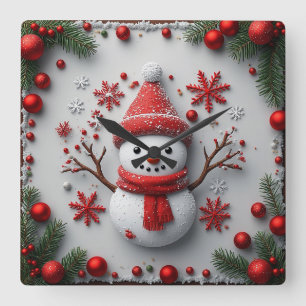 Festive Snowman Design with Christmas Decorations Square Wall Clock