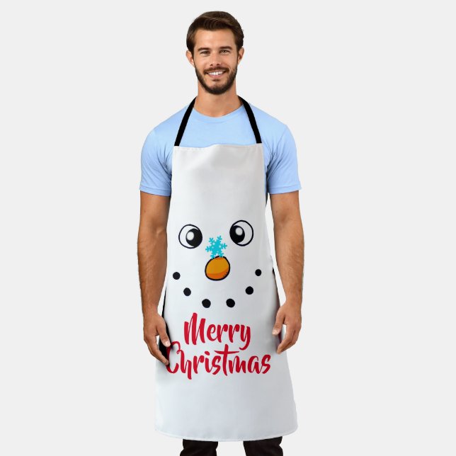 Festive Snowman Face Merry Christmas Apron (Worn)