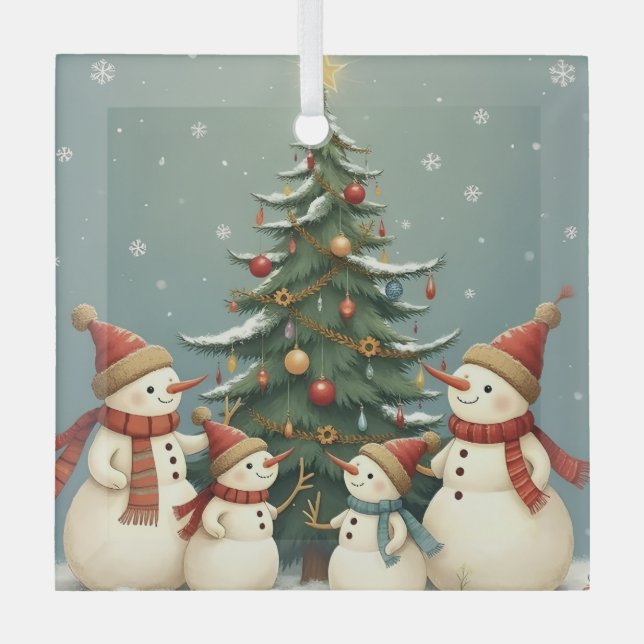 Festive Snowman Family Christmas Collection Glass Ornament (Front)