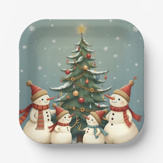 Festive Snowman Family Christmas Collection Paper Plates (Front)
