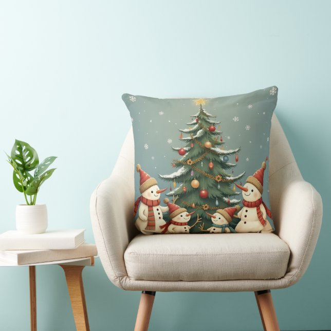 Festive Snowman Family Christmas Collection Throw Pillow (Chair)