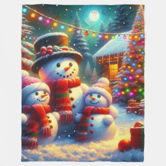 “Festive Snowman Family Christmas Scene” Fleece Blanket