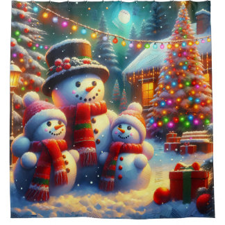 “Festive Snowman Family Christmas Scene” Shower Curtain