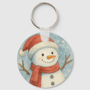 Festive Snowman in Watercolor Wonderland Keychain