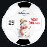 Festive Snowman Monogrammed Merry Christmas Soccer Ball<br><div class="desc">Enhance your seasonal soccer games with this festive football. The ball pictures a friendly snowman in watercolor style, accompanied by a number and 'Merry Christmas' greeting in red lettering. Personalize with the lucky recipient's initial and name, which will be displayed prominently as a monogram. You can also edit the number...</div>
