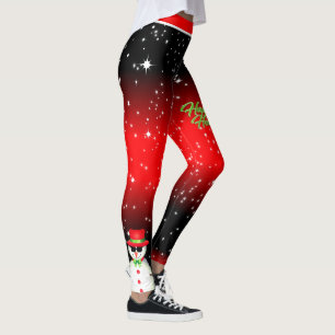 Festive Snowman on Black and Red Starry Holiday Leggings