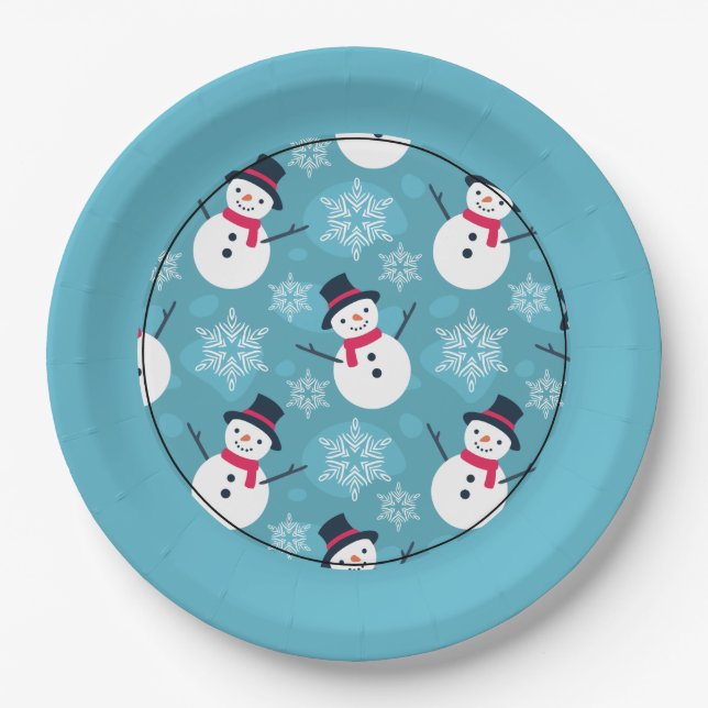 Festive Snowman on Blue Pattern Paper Plates (Front)