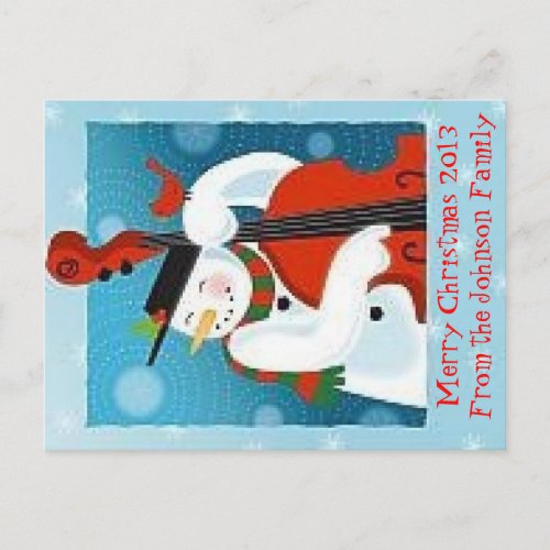 Festive snowman playing violin postcard