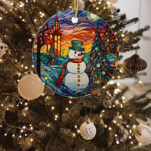 Festive Snowman Stained Glass Christmas Ceramic Ornament