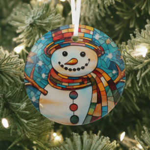 Festive Snowman Stained Glass Glass Ornament