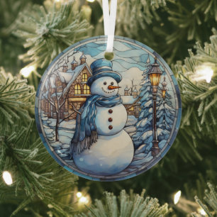 Festive Snowman Stained Glass Glass Ornament
