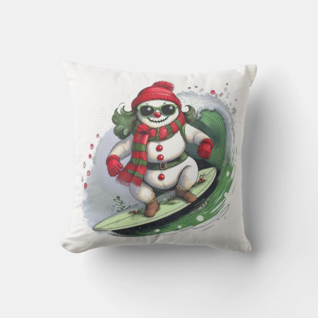 Festive Snowman Surfing the Holidays Pillow (Front)