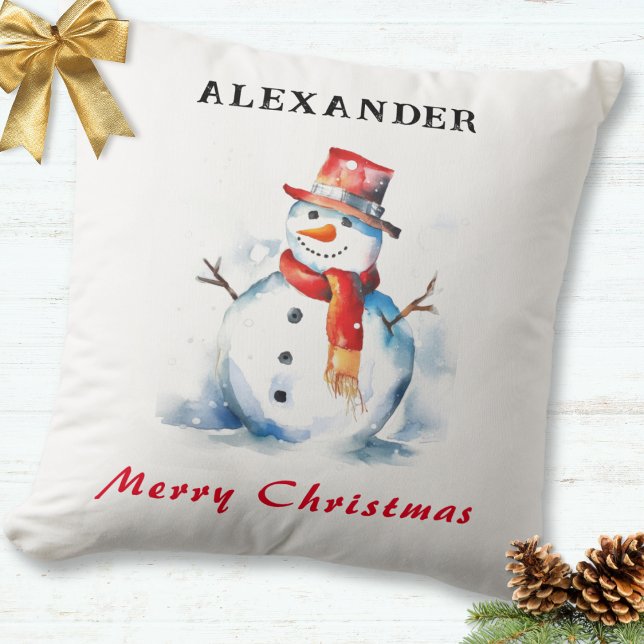 Festive Snowman Whimsical Custom Merry Christmas Throw Pillow (A personalized festive throw pillow, with snowman picture and Merry Christmas greeting)