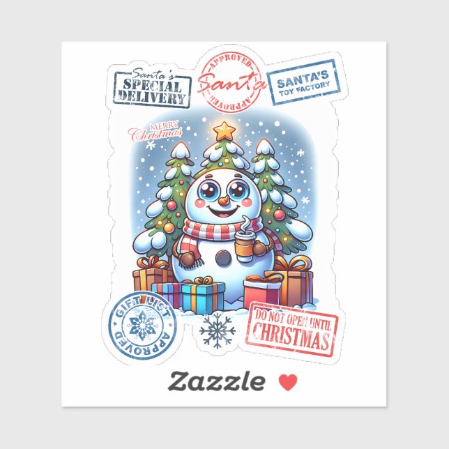 Festive Snowman With Christmas Stamps and Presents Sticker (Sheet)