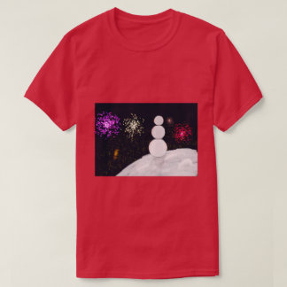 Festive Snowman with Colorful New Year Pyrotechnic T-Shirt