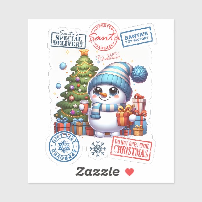 Festive Snowman With Gifts Near a Christmas Tree Sticker (Sheet)