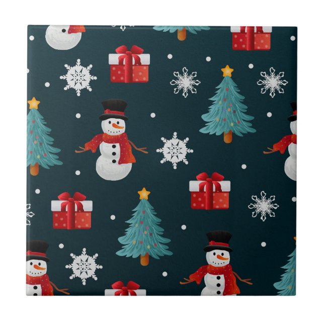 Festive Snowmen Christmas Trees and Gifts Pattern Ceramic Tile (Front)
