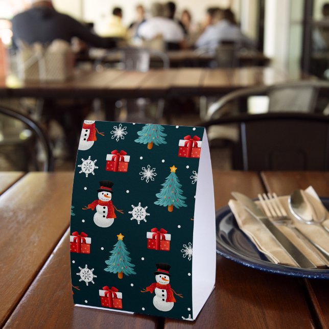 Festive Snowmen Christmas Trees and Gifts Pattern Paper Table Tent (Insitu(Restaurant))