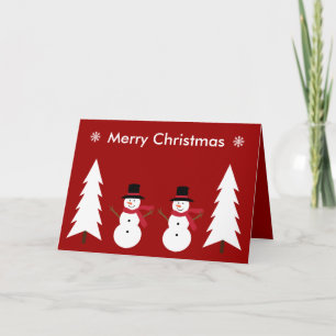 Festive snowmen & trees red & white Christmas Card