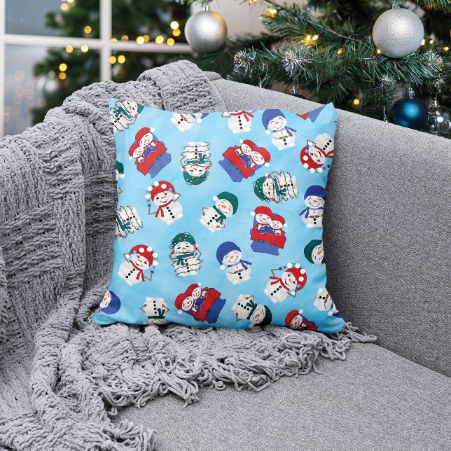 Festive Snowmen Watercolor Christmas Pattern Throw Pillow (Creator Uploaded)
