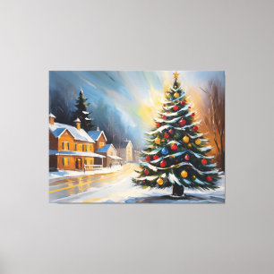 Festive Snowy Cabin with Christmas Tree Canvas Print