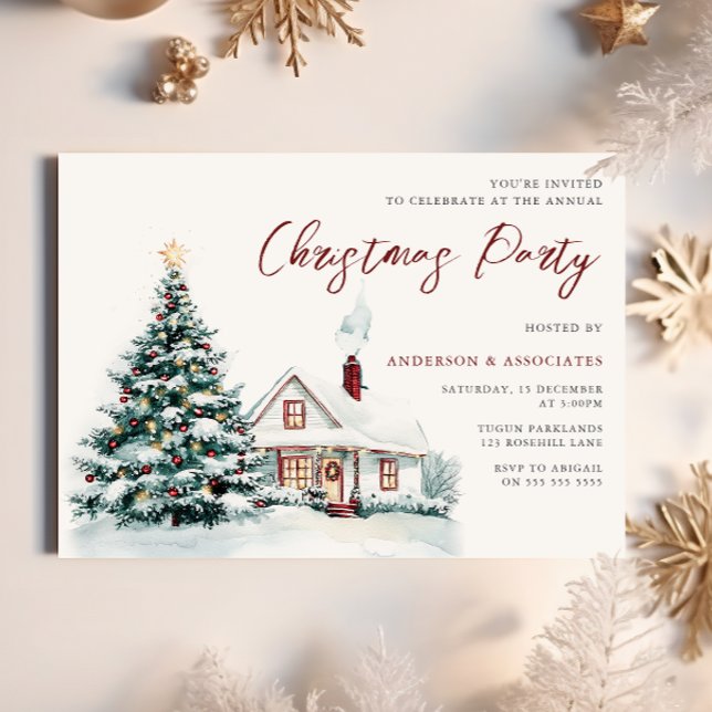 Festive Snowy Christmas House & Tree Xmas Party Invitation (Creator Uploaded)