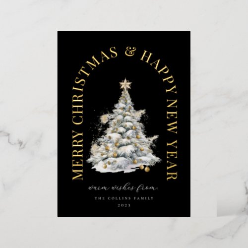Festive Snowy Christmas Tree Modern Black Foil Holiday Card