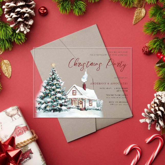 Festive Snowy House & Tree Christmas Party Acrylic Invitations (Insitu (Holiday))