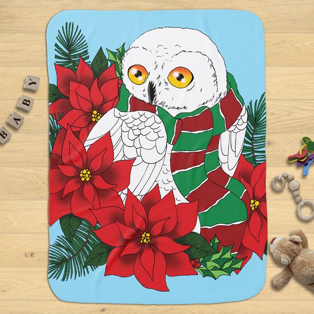 Festive Snowy Owl Red Poinsettias Christmas Scarf Baby Blanket (Creator Uploaded)