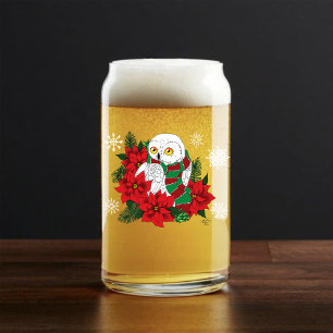 Festive Snowy Owl Red Poinsettias Christmas Scarf Can Glass