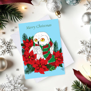 Festive Snowy Owl Red Poinsettias Christmas Scarf Card