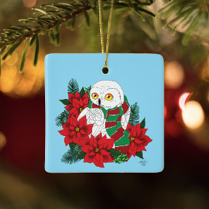 Festive Snowy Owl Red Poinsettias Christmas Scarf Ceramic Ornament