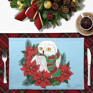 Festive Snowy Owl Red Poinsettias Christmas Scarf Cloth Placemat