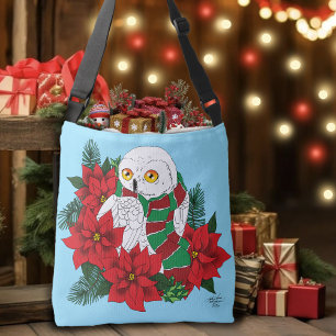 Festive Snowy Owl Red Poinsettias Christmas Scarf Crossbody Bag