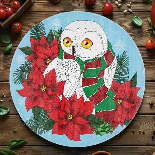 Festive Snowy Owl Red Poinsettias Christmas Scarf Cutting Board