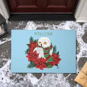 Festive Snowy Owl Red Poinsettias Christmas Scarf Doormat